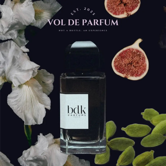 BDK Gris Charnel — decant — grafika z irysem i figą — Vol de Parfum