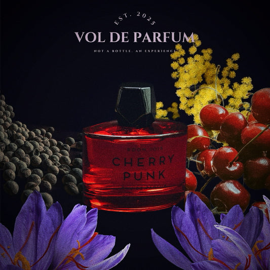 Room 1015 Cherry Punk — decant — grafika z nutami zapachowymi — Vol de Parfum