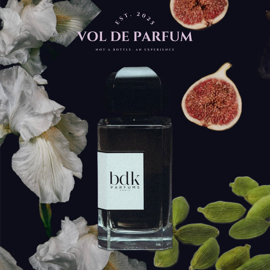 BDK Gris Charnel — decant — grafika z irysem i figą — Vol de Parfum
